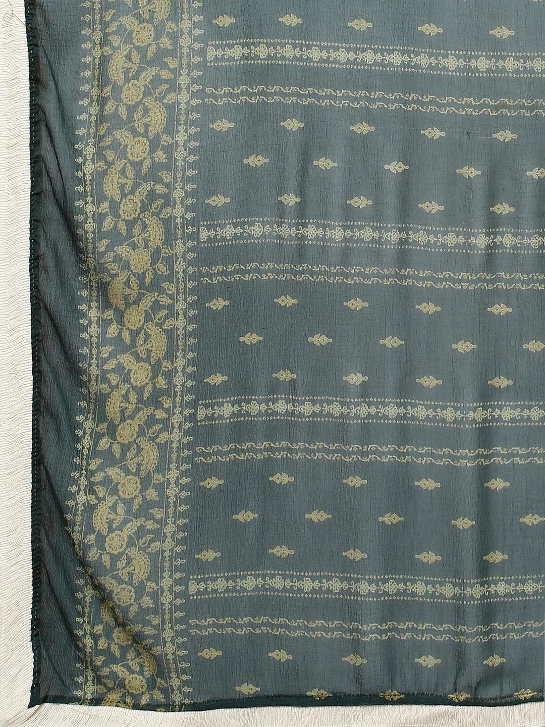 Ethnic Stripes Printed & Embroidered Kurta with Pants & Dupatta - Dark Green - Indiakreations