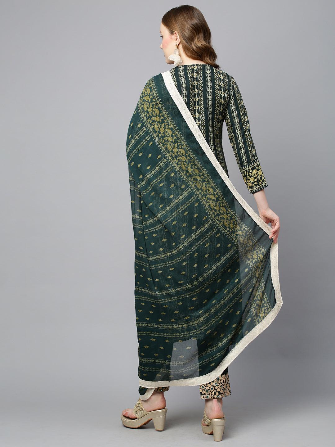 Ethnic Stripes Printed & Embroidered Kurta with Pants & Dupatta - Dark Green - Indiakreations