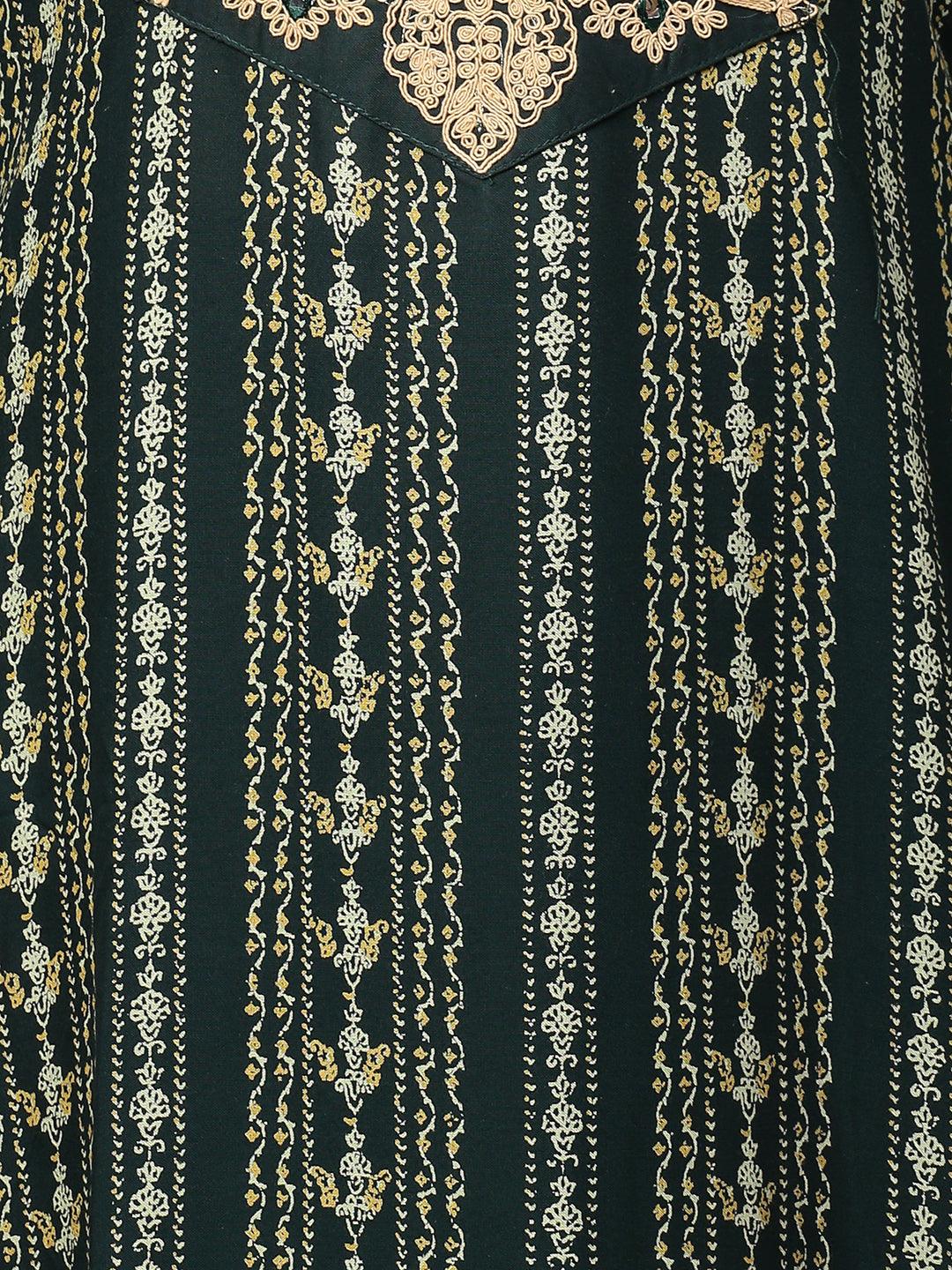 Ethnic Stripes Printed & Embroidered Kurta with Pants & Dupatta - Dark Green - Indiakreations