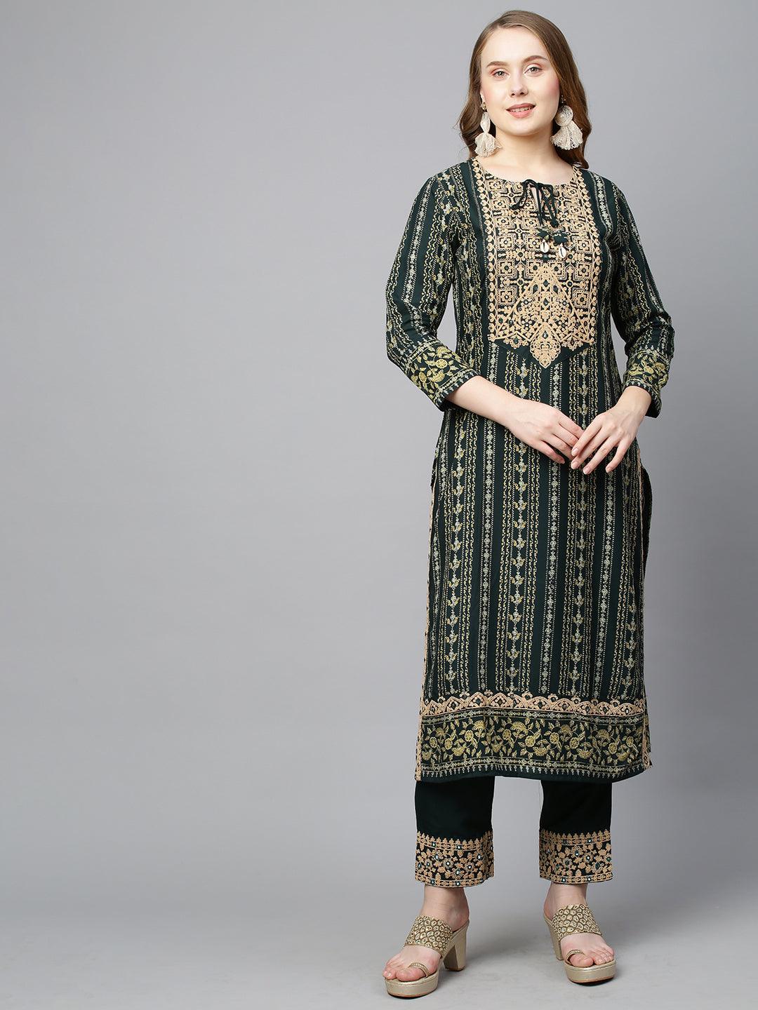 Ethnic Stripes Printed & Embroidered Kurta with Pants & Dupatta - Dark Green - Indiakreations