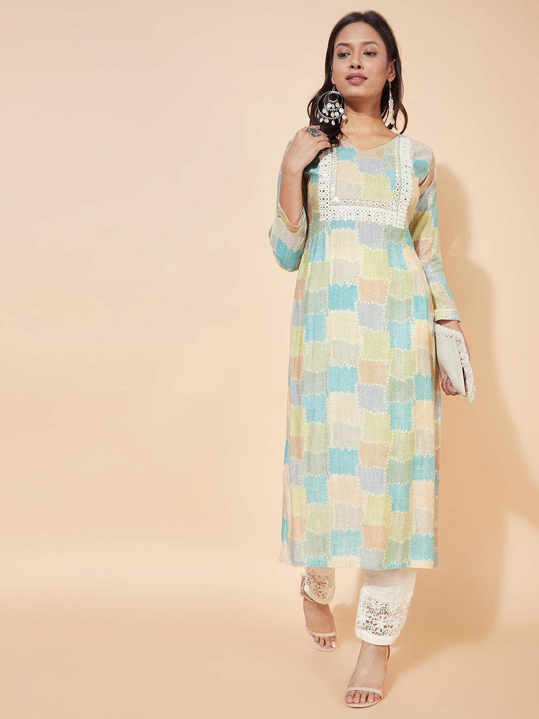 Ethnic Printed & Embroidered Straight Fit Kurta - Multi - Indiakreations