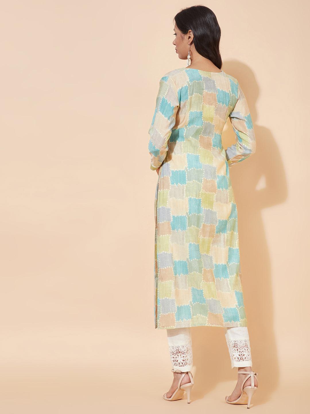 Ethnic Printed & Embroidered Straight Fit Kurta - Multi - Indiakreations