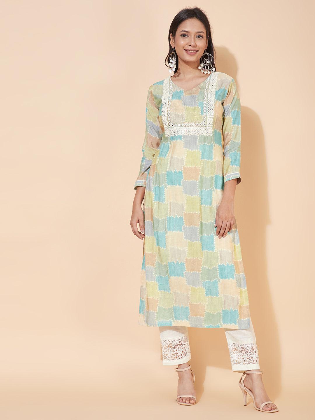 Ethnic Printed & Embroidered Straight Fit Kurta - Multi - Indiakreations