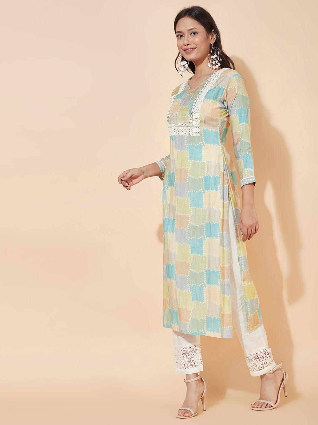 Ethnic Printed & Embroidered Straight Fit Kurta - Multi - Indiakreations