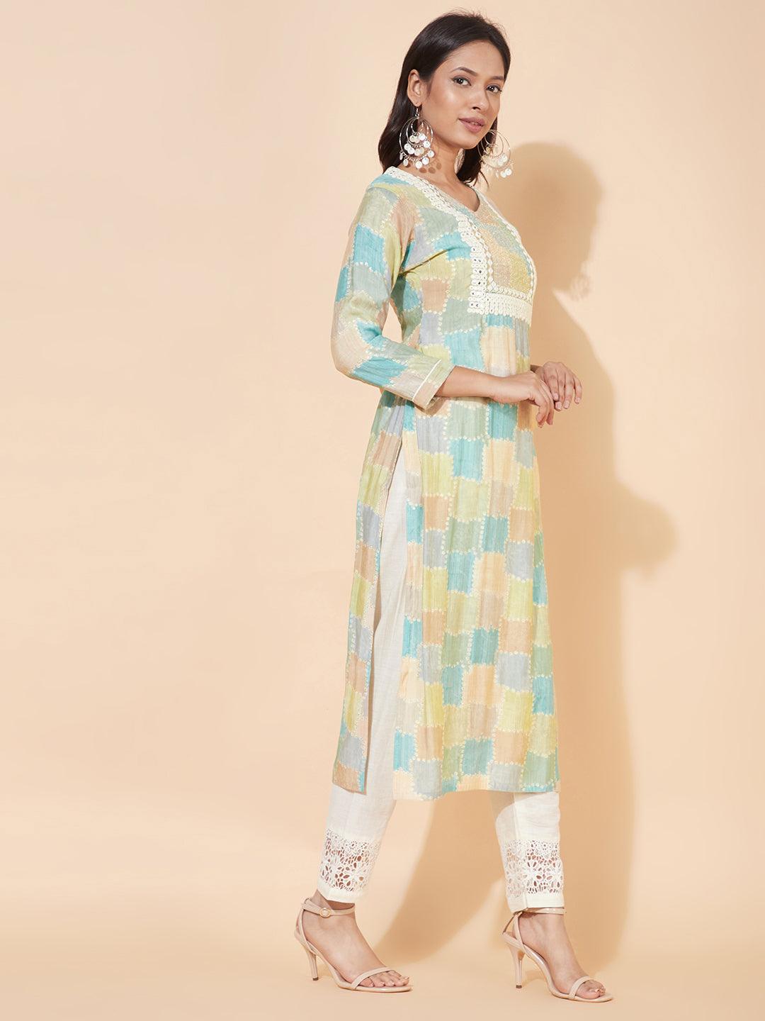 Ethnic Printed & Embroidered Straight Fit Kurta - Multi - Indiakreations