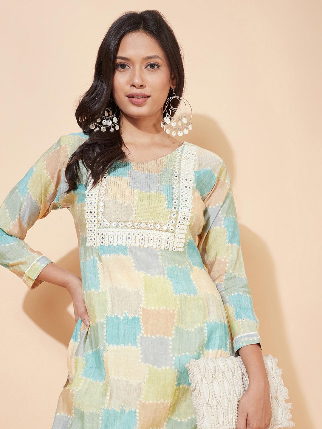 Ethnic Printed & Embroidered Straight Fit Kurta - Multi - Indiakreations