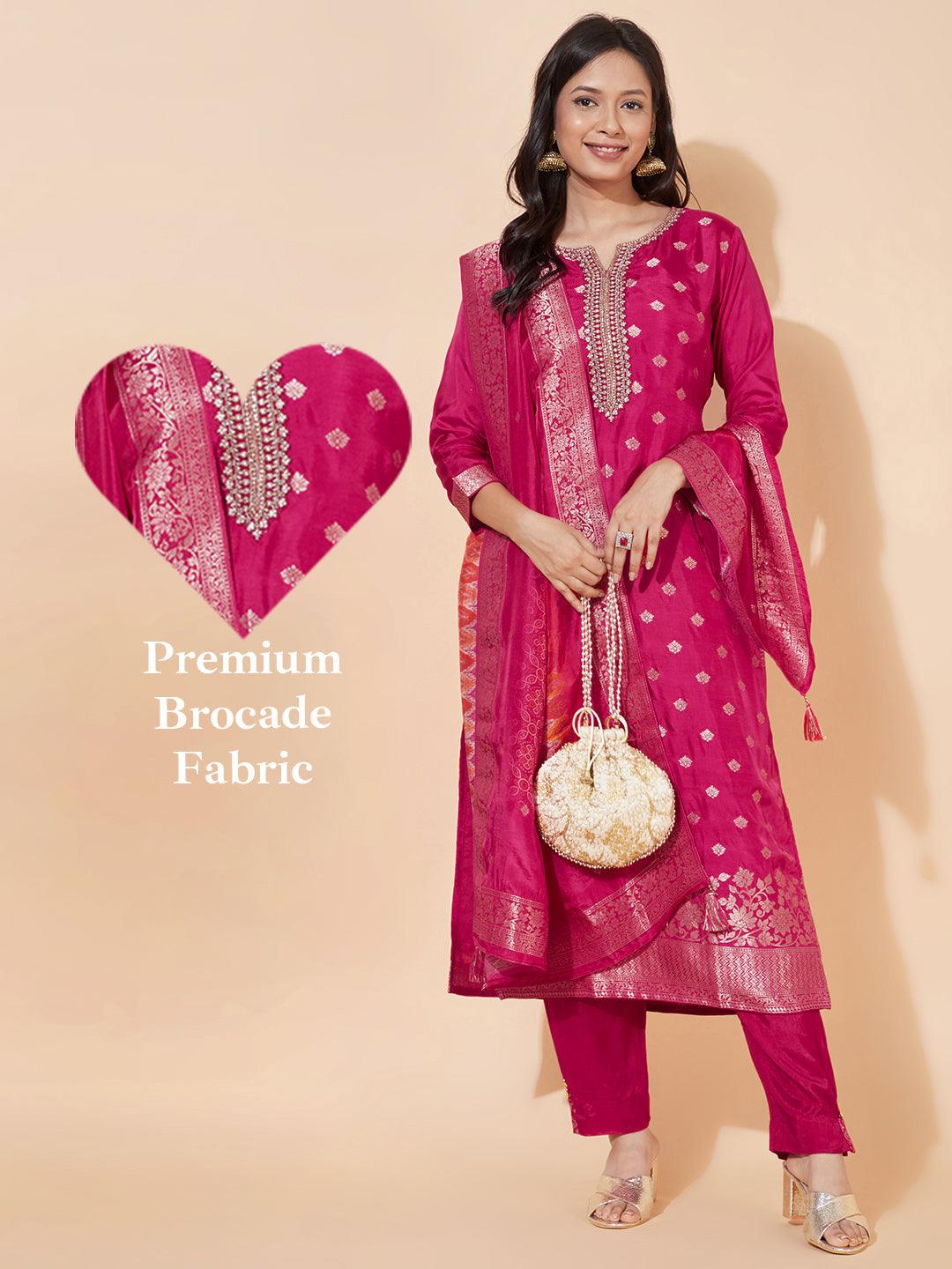 Ethnic Woven & Embroidered Straight Kurta with Pants & Dupatta - Hot Pink - Indiakreations