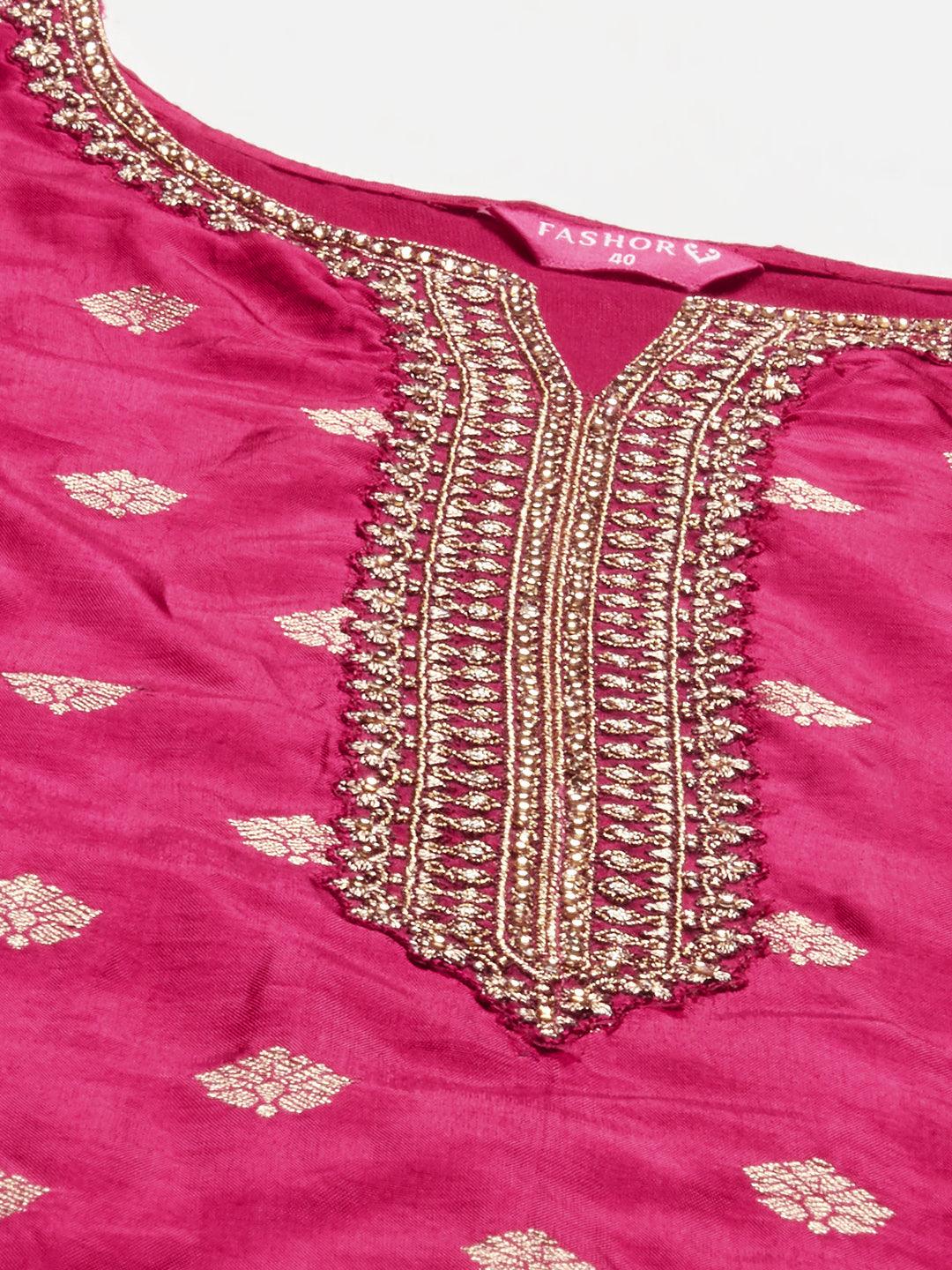 Ethnic Woven & Embroidered Straight Kurta with Pants & Dupatta - Hot Pink - Indiakreations