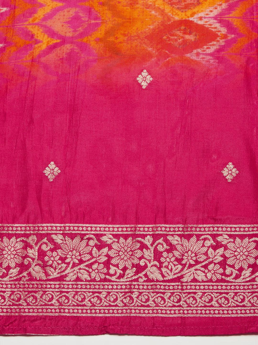 Ethnic Woven & Embroidered Straight Kurta with Pants & Dupatta - Hot Pink - Indiakreations