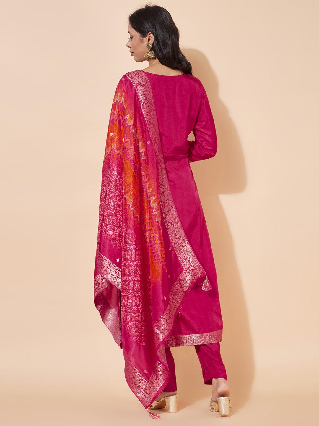 Ethnic Woven & Embroidered Straight Kurta with Pants & Dupatta - Hot Pink - Indiakreations