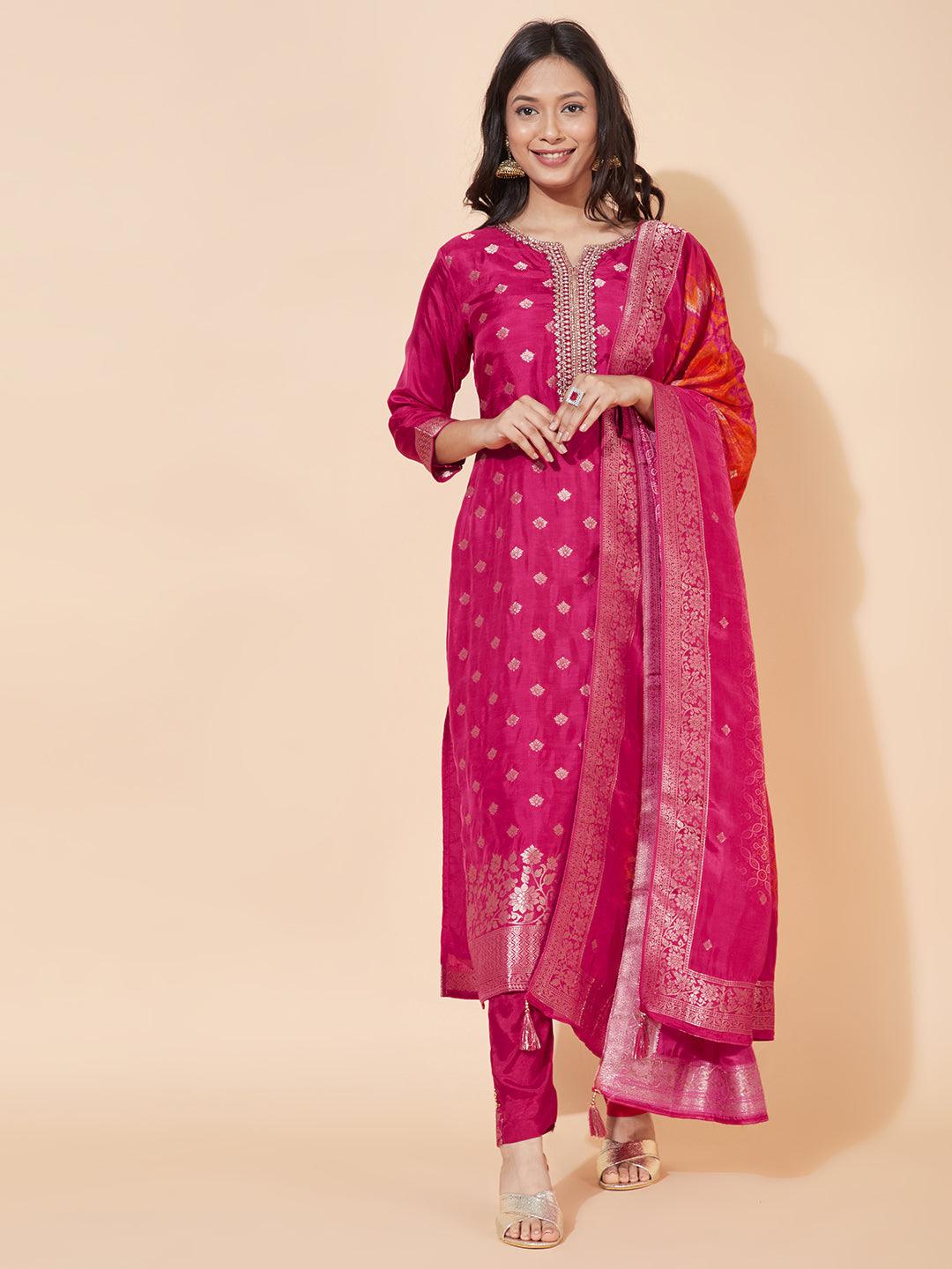 Ethnic Woven & Embroidered Straight Kurta with Pants & Dupatta - Hot Pink - Indiakreations