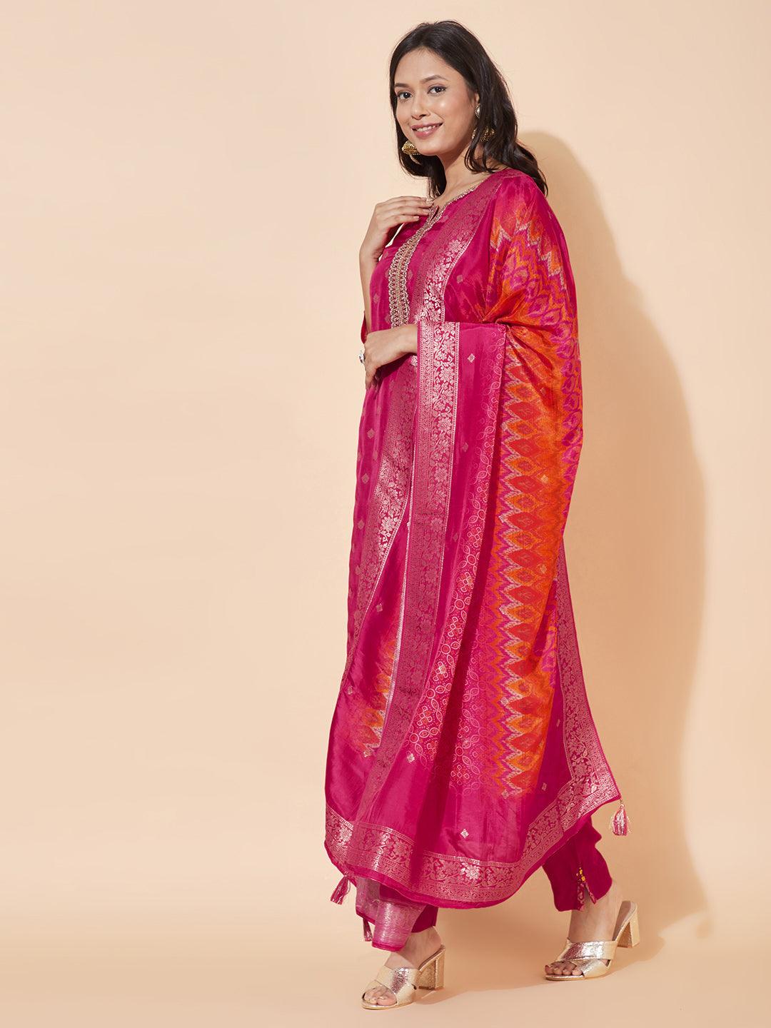 Ethnic Woven & Embroidered Straight Kurta with Pants & Dupatta - Hot Pink - Indiakreations