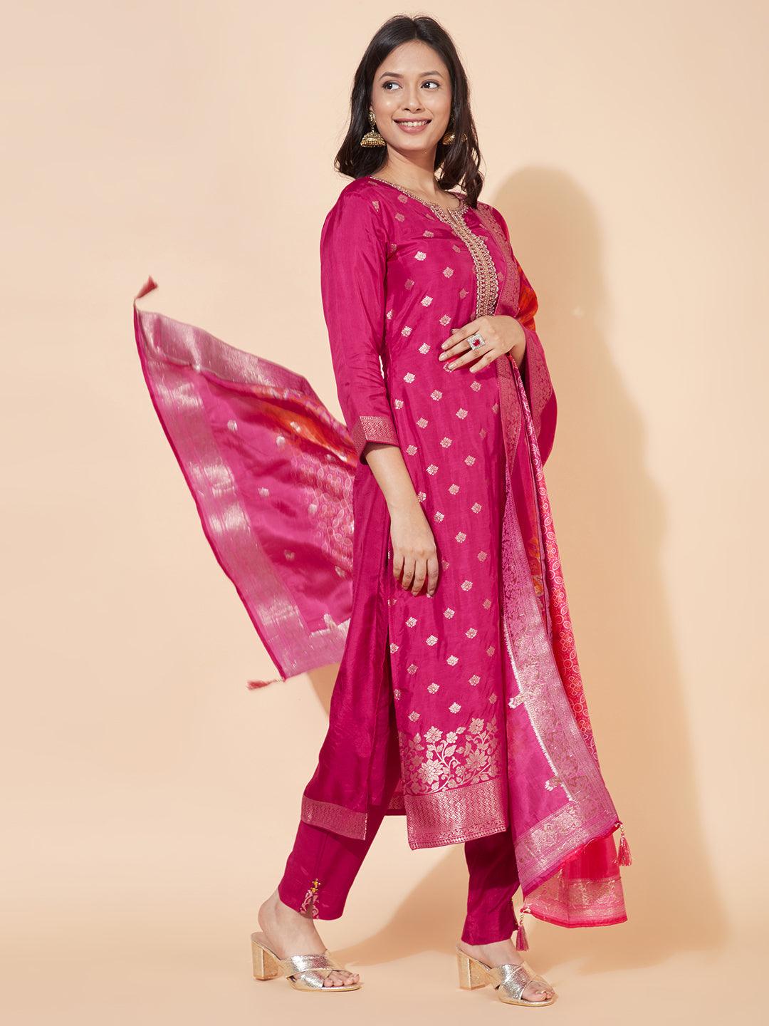 Ethnic Woven & Embroidered Straight Kurta with Pants & Dupatta - Hot Pink - Indiakreations