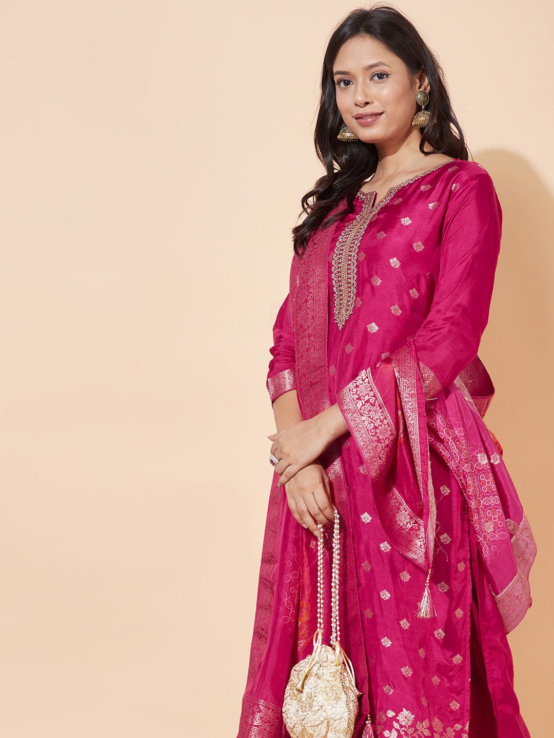 Ethnic Woven & Embroidered Straight Kurta with Pants & Dupatta - Hot Pink - Indiakreations