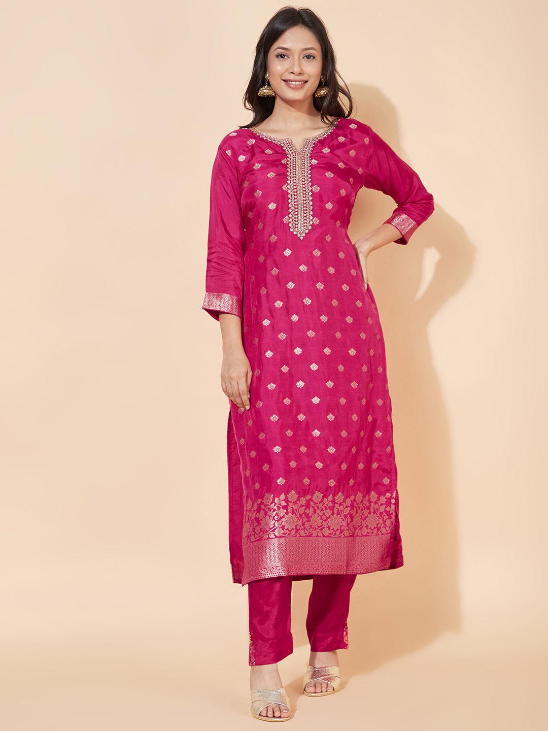 Ethnic Woven & Embroidered Straight Kurta with Pants & Dupatta - Hot Pink - Indiakreations