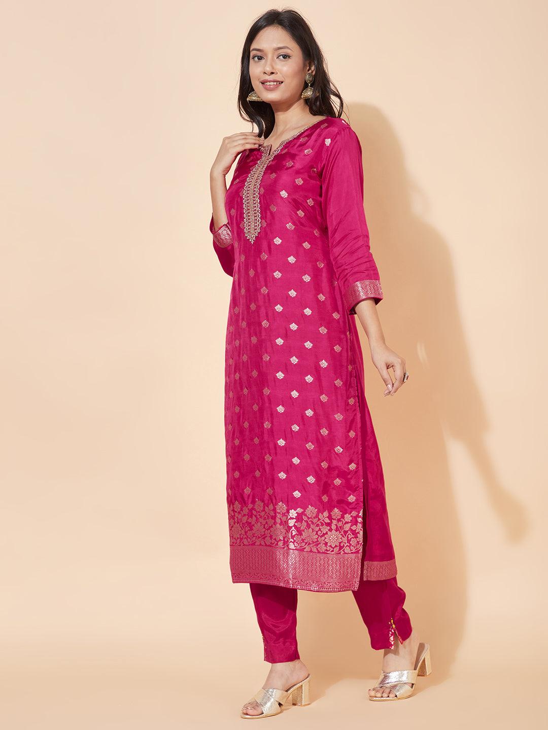 Ethnic Woven & Embroidered Straight Kurta with Pants & Dupatta - Hot Pink - Indiakreations