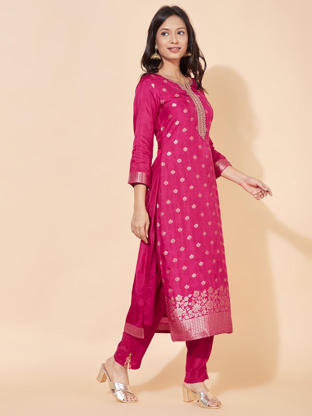 Ethnic Woven & Embroidered Straight Kurta with Pants & Dupatta - Hot Pink - Indiakreations