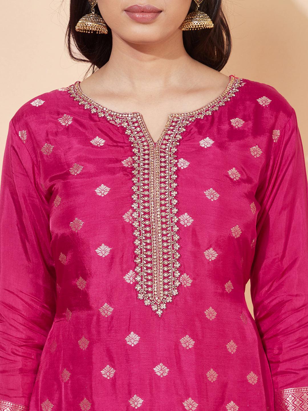 Ethnic Woven & Embroidered Straight Kurta with Pants & Dupatta - Hot Pink - Indiakreations