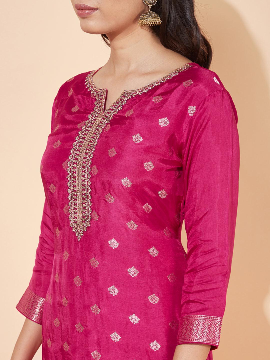 Ethnic Woven & Embroidered Straight Kurta with Pants & Dupatta - Hot Pink - Indiakreations