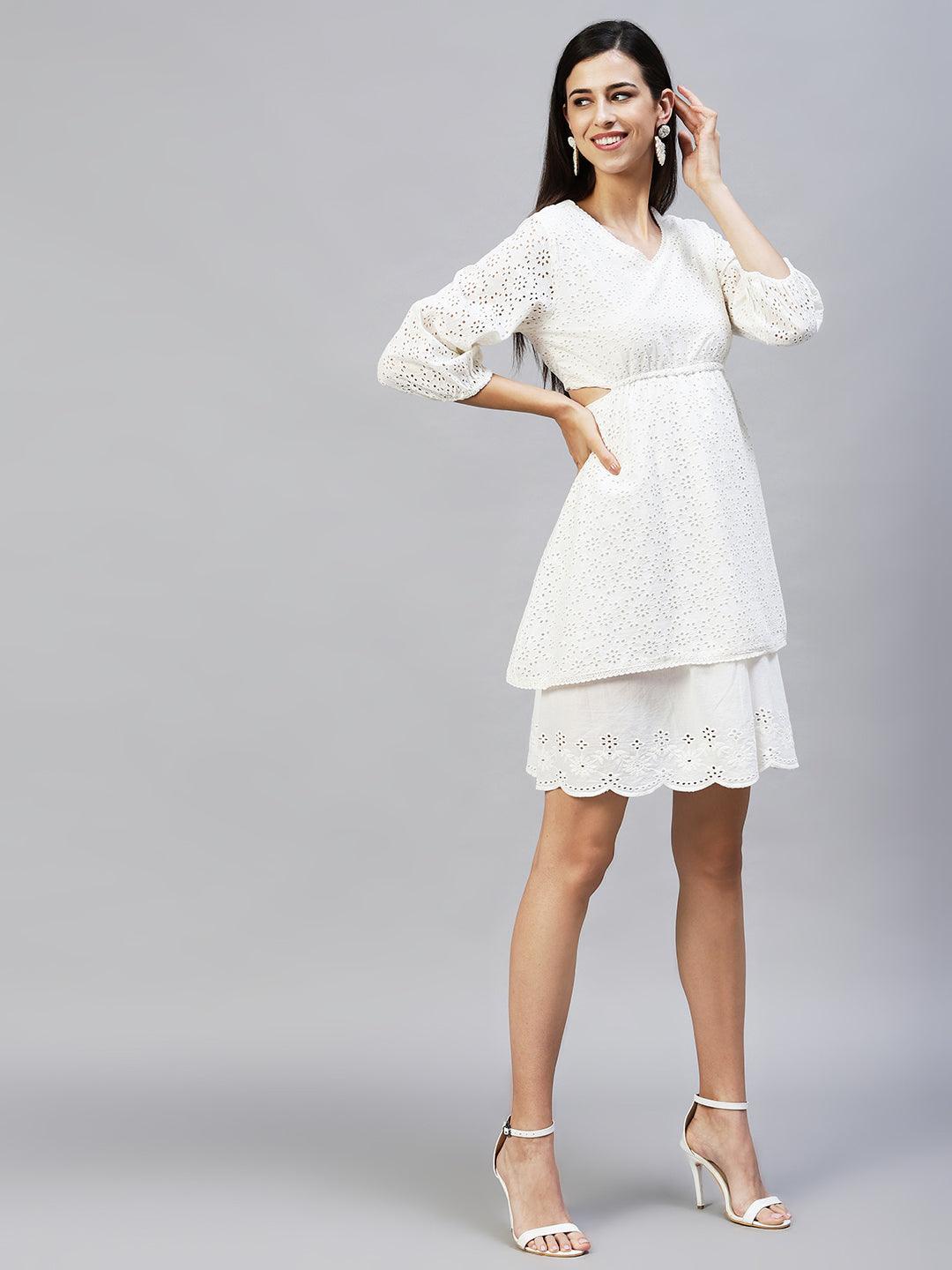 Solid Cutwork Embroidered Layered Midi Dress - White - Indiakreations