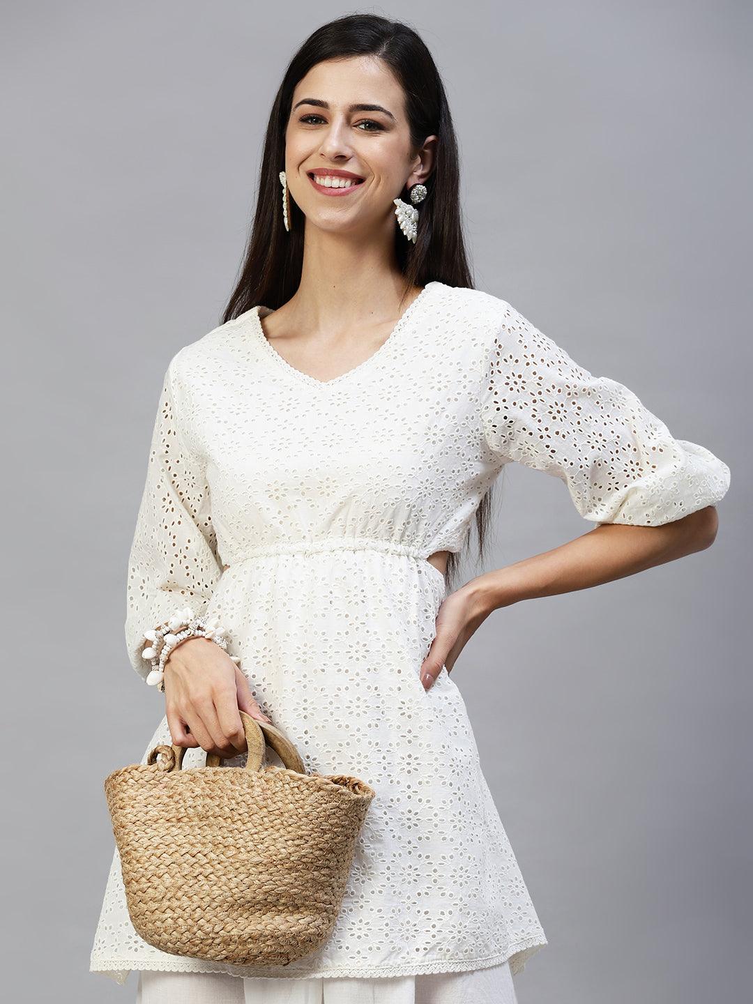 Solid Cutwork Embroidered Layered Midi Dress - White - Indiakreations