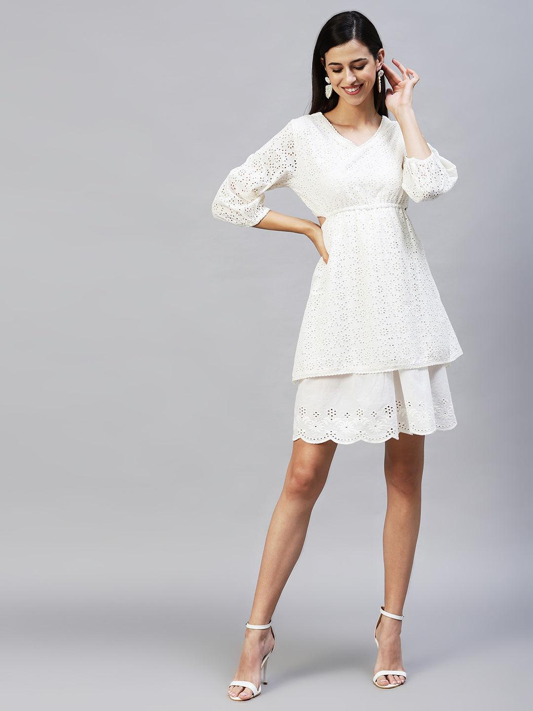 Solid Cutwork Embroidered Layered Midi Dress - White - Indiakreations