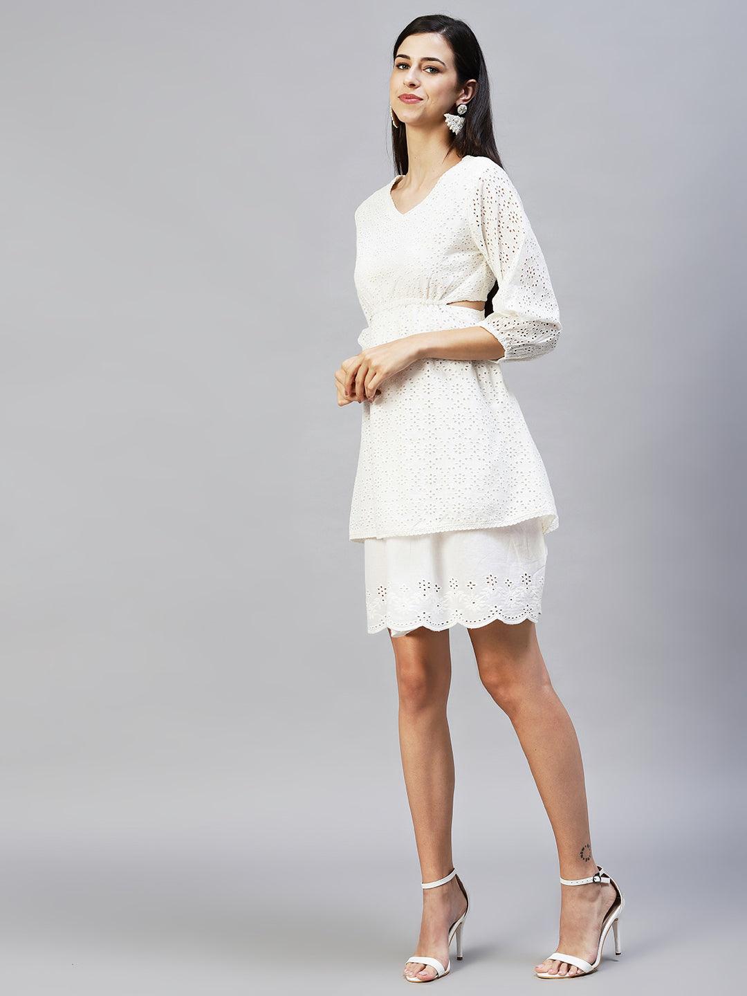 Solid Cutwork Embroidered Layered Midi Dress - White - Indiakreations