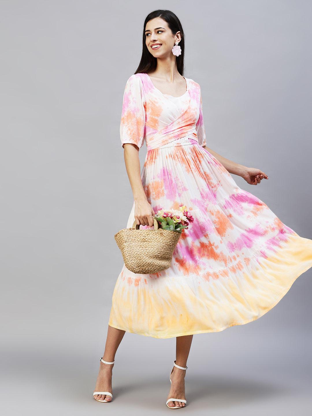 Tie-Dyed Tiered Flared Maxi Dress - Multi - Indiakreations