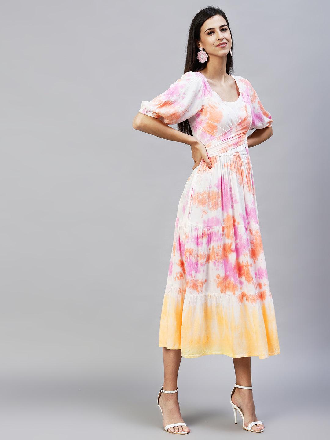 Tie-Dyed Tiered Flared Maxi Dress - Multi - Indiakreations