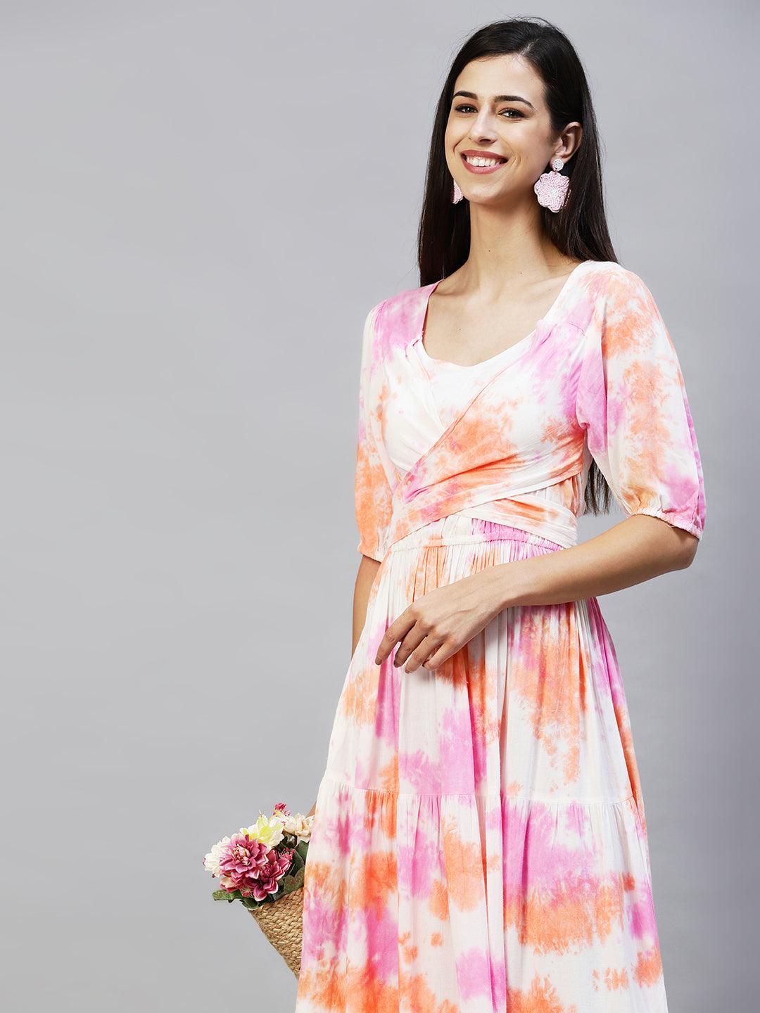 Tie-Dyed Tiered Flared Maxi Dress - Multi - Indiakreations