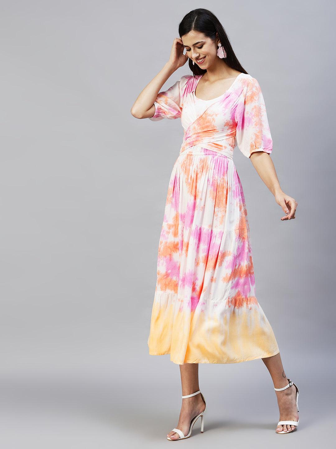 Tie-Dyed Tiered Flared Maxi Dress - Multi - Indiakreations