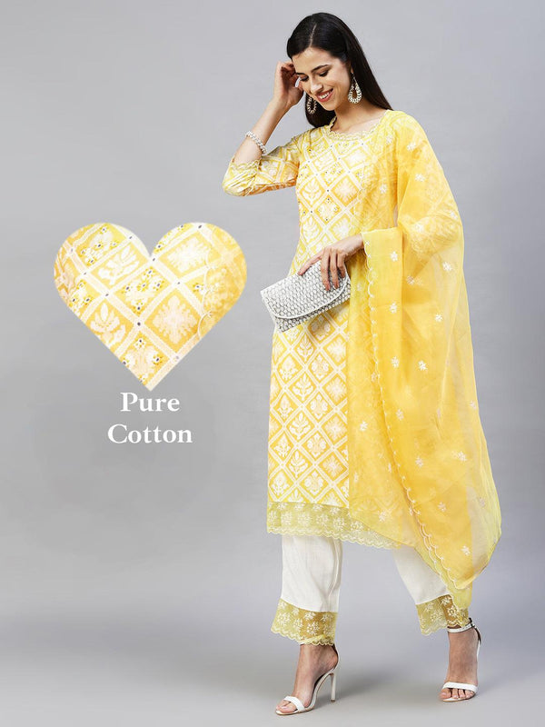 Ethnic Printed & Embroidered Kurta with Pants & Dupatta - Yellow - Indiakreations