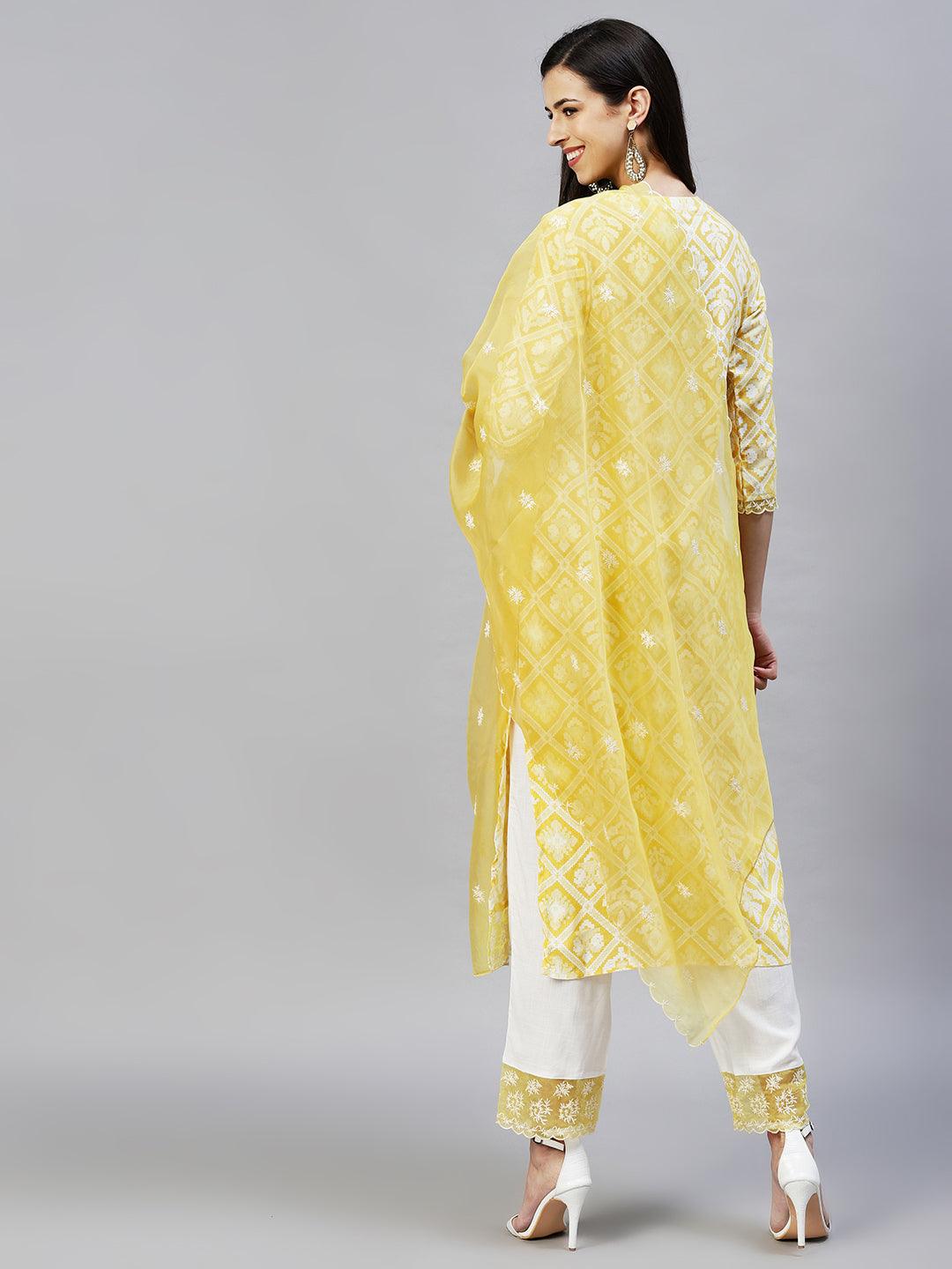 Ethnic Printed & Embroidered Kurta with Pants & Dupatta - Yellow - Indiakreations