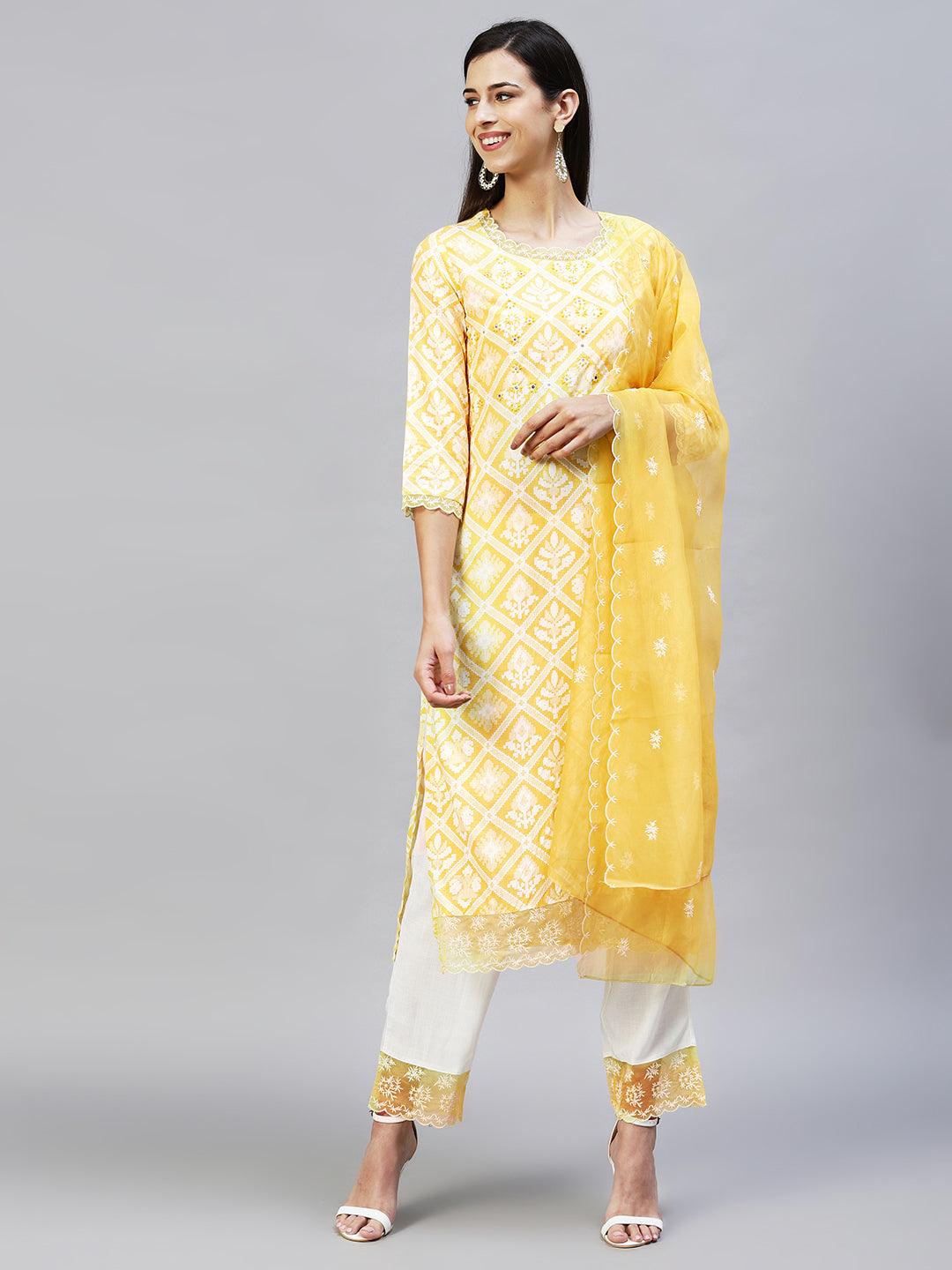 Ethnic Printed & Embroidered Kurta with Pants & Dupatta - Yellow - Indiakreations