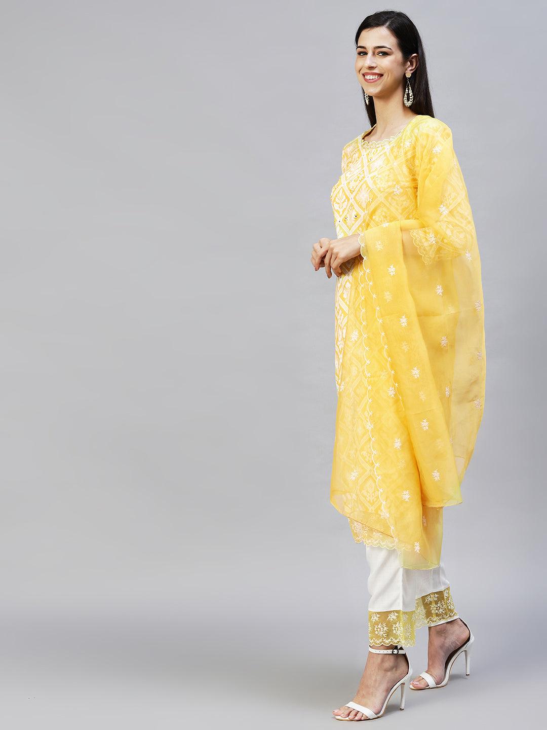 Ethnic Printed & Embroidered Kurta with Pants & Dupatta - Yellow - Indiakreations