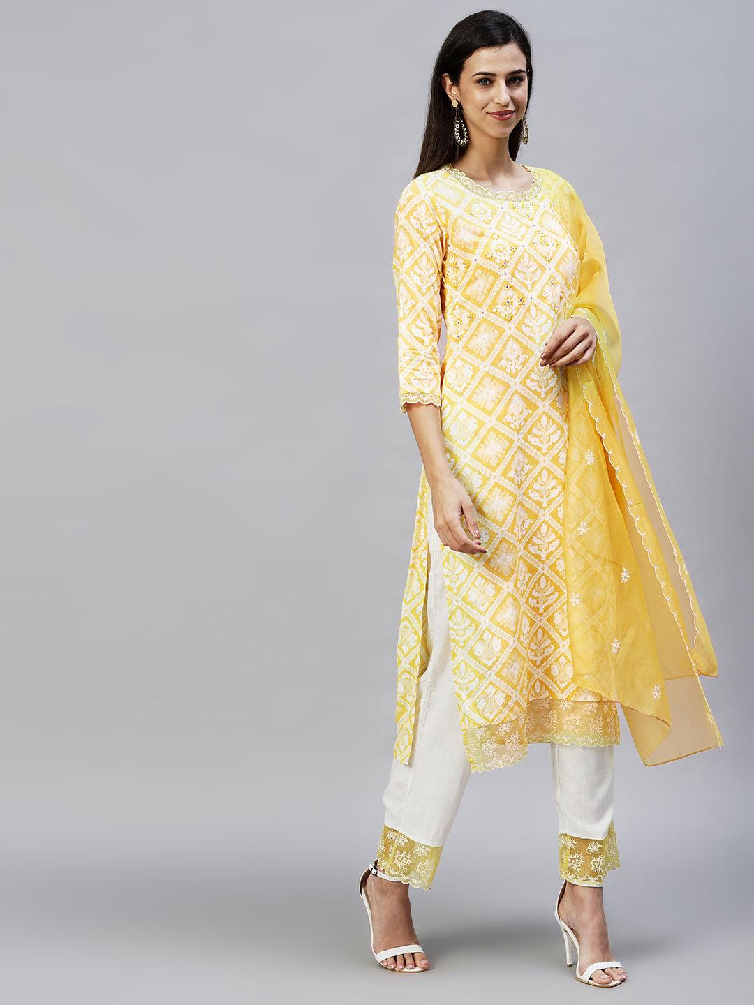 Ethnic Printed & Embroidered Kurta with Pants & Dupatta - Yellow - Indiakreations