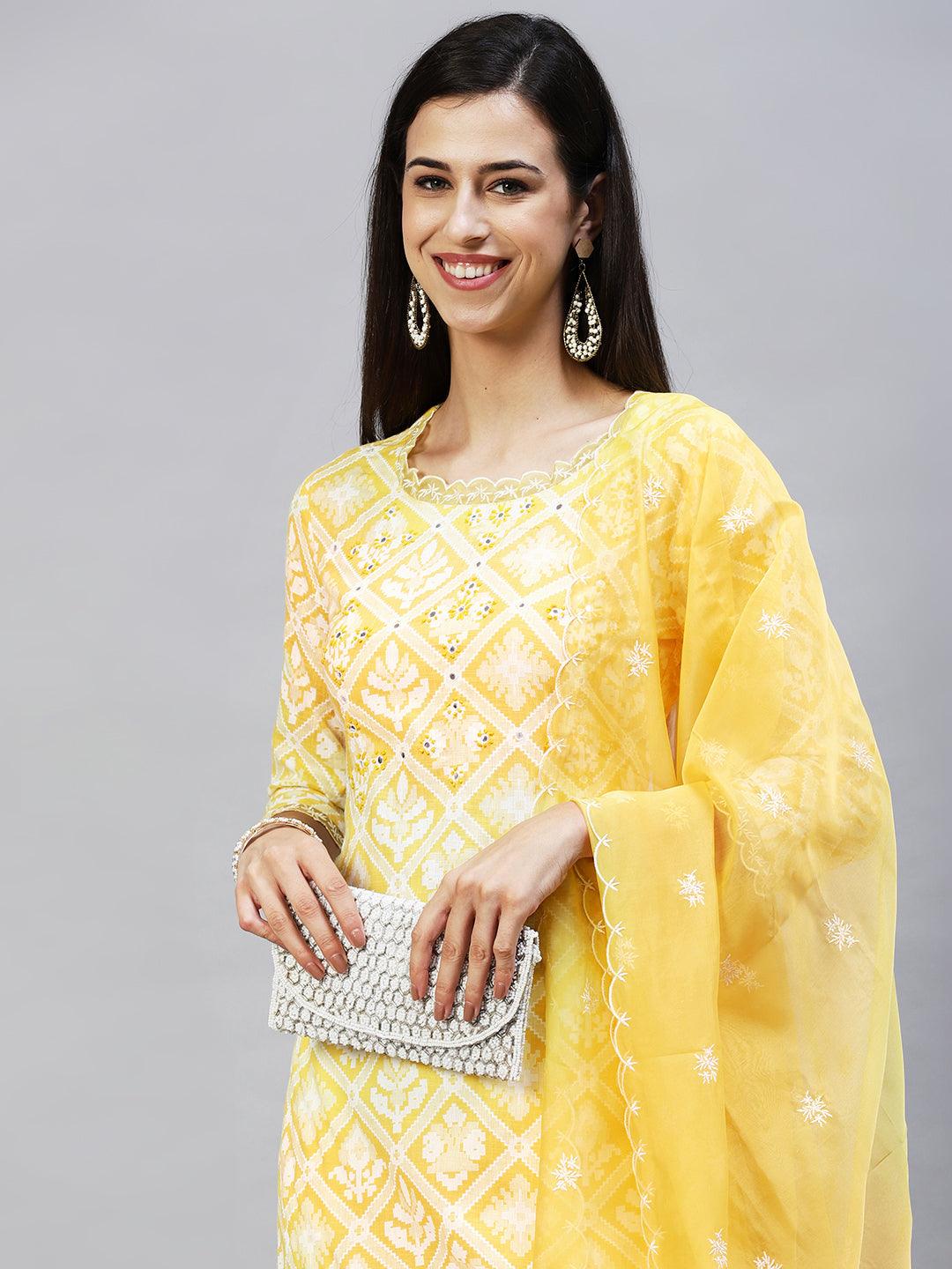 Ethnic Printed & Embroidered Kurta with Pants & Dupatta - Yellow - Indiakreations