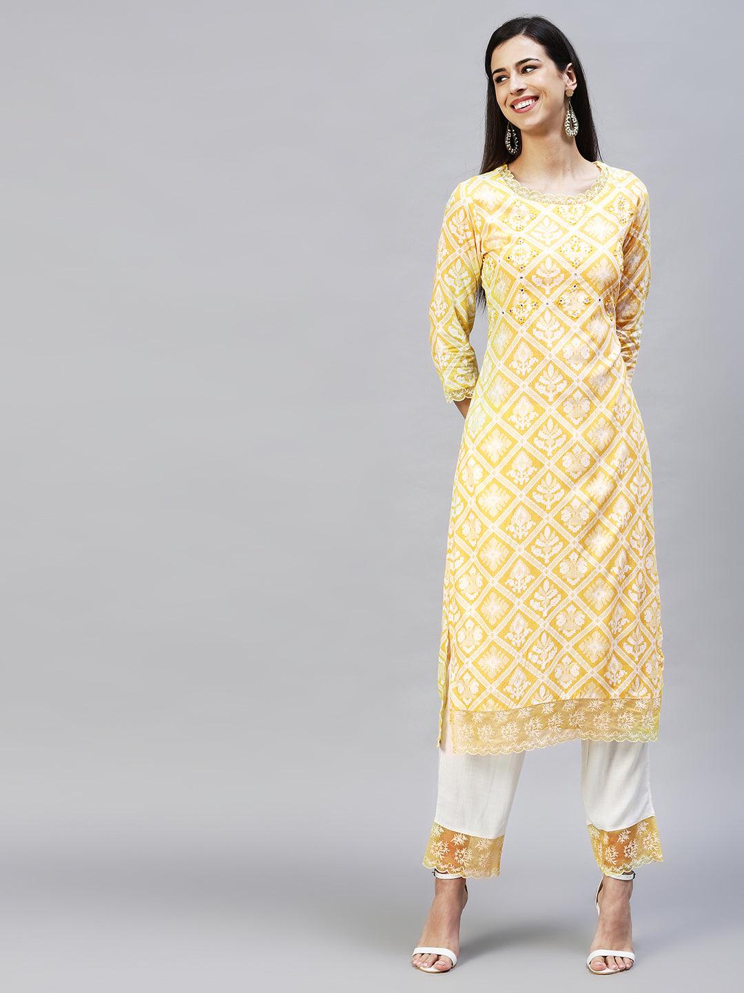 Ethnic Printed & Embroidered Kurta with Pants & Dupatta - Yellow - Indiakreations