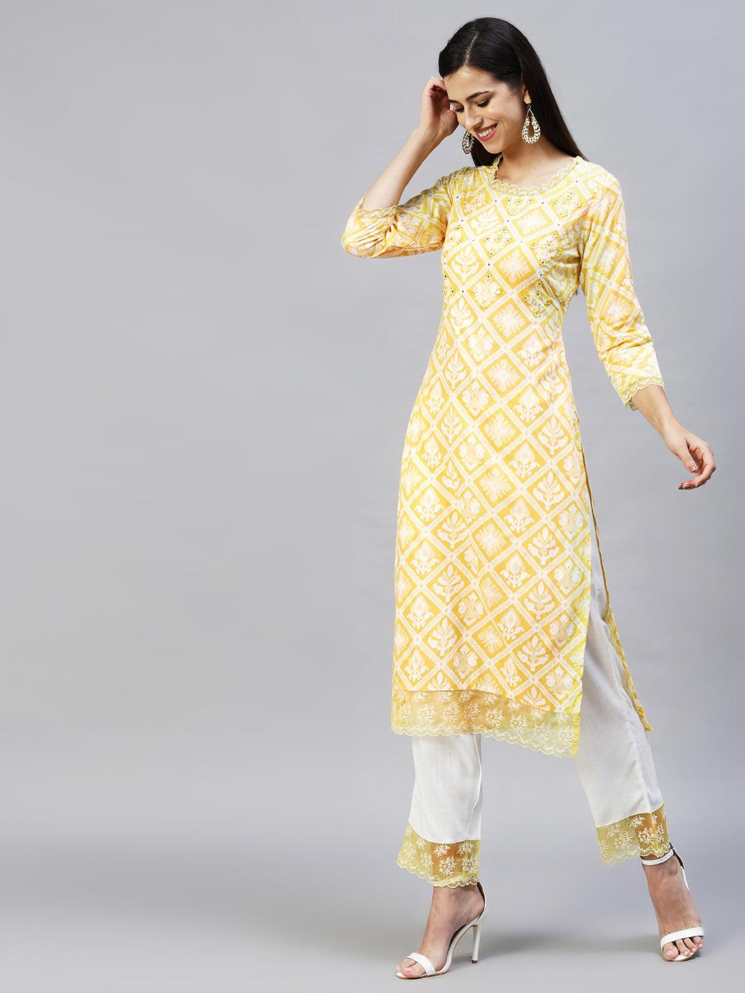 Ethnic Printed & Embroidered Kurta with Pants & Dupatta - Yellow - Indiakreations