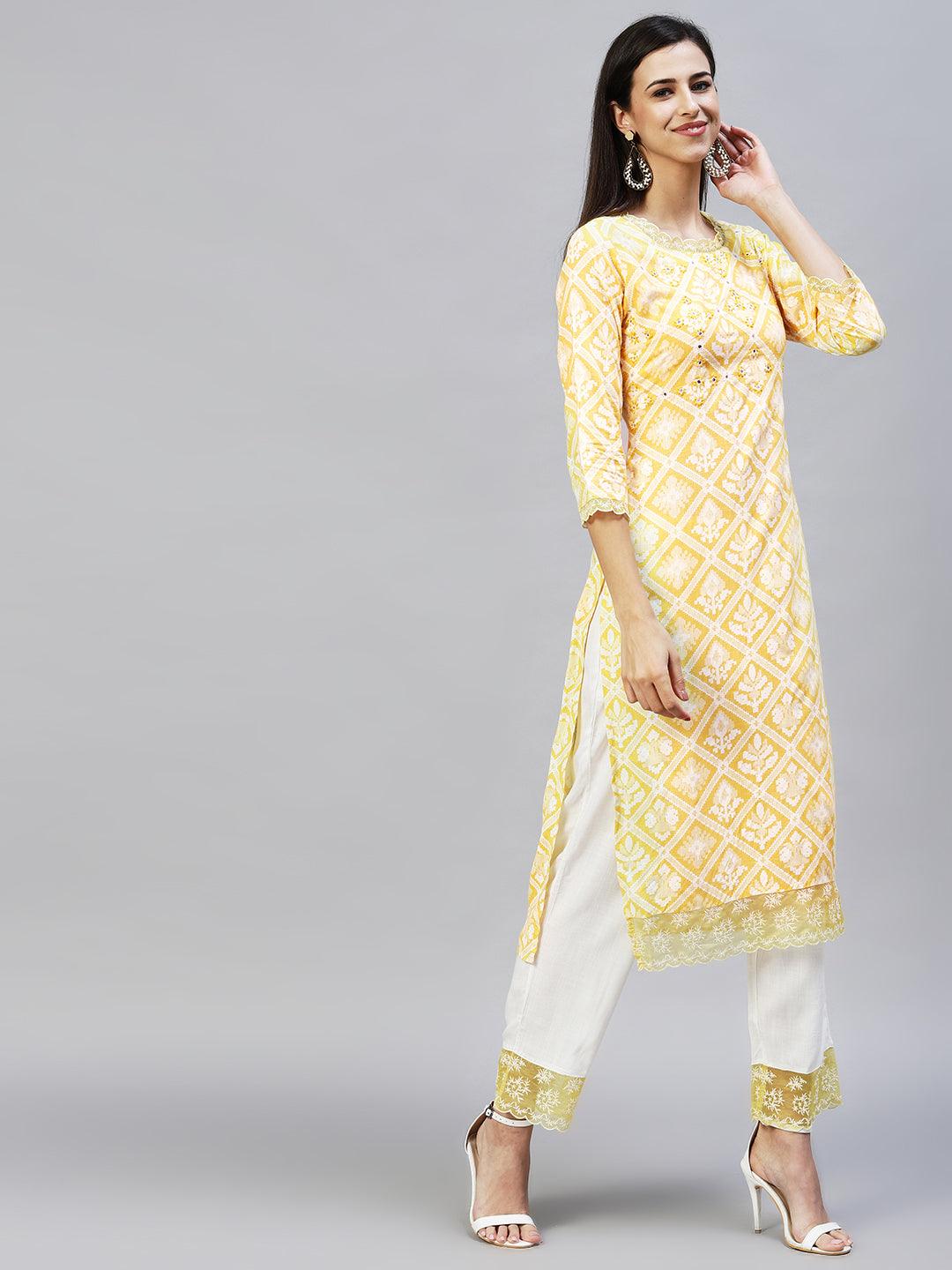 Ethnic Printed & Embroidered Kurta with Pants & Dupatta - Yellow - Indiakreations