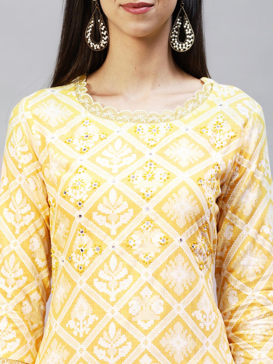 Ethnic Printed & Embroidered Kurta with Pants & Dupatta - Yellow - Indiakreations