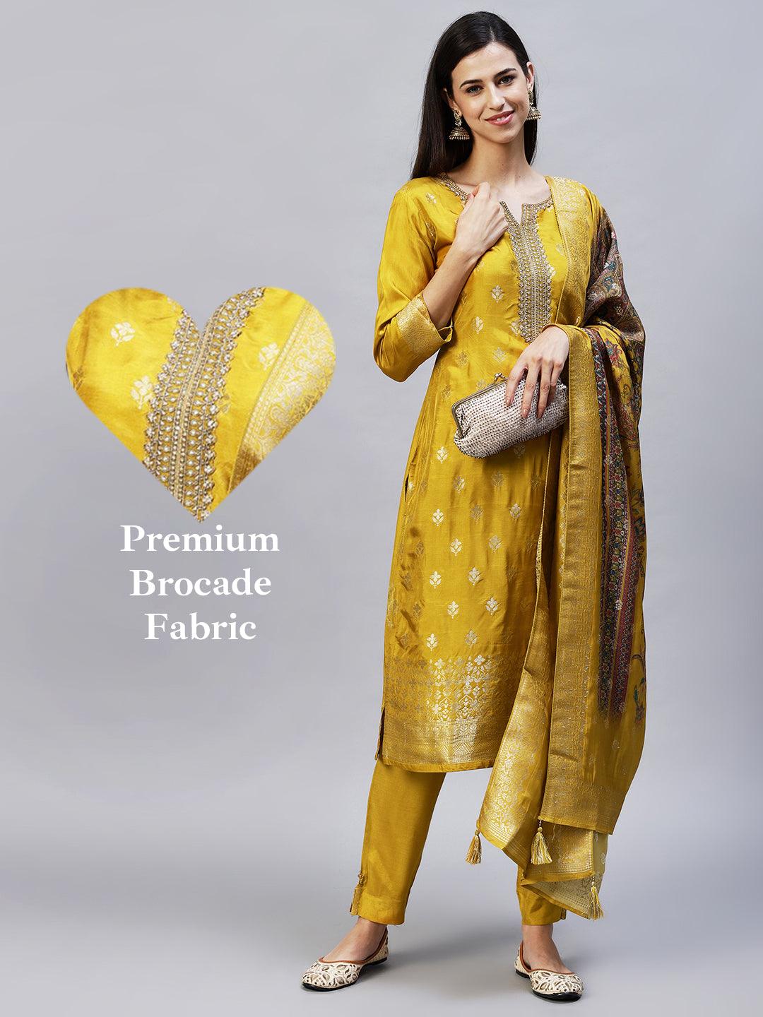 Ethnic Woven & Embroidered Straight Kurta with Pants & Dupatta - Mustard - Indiakreations