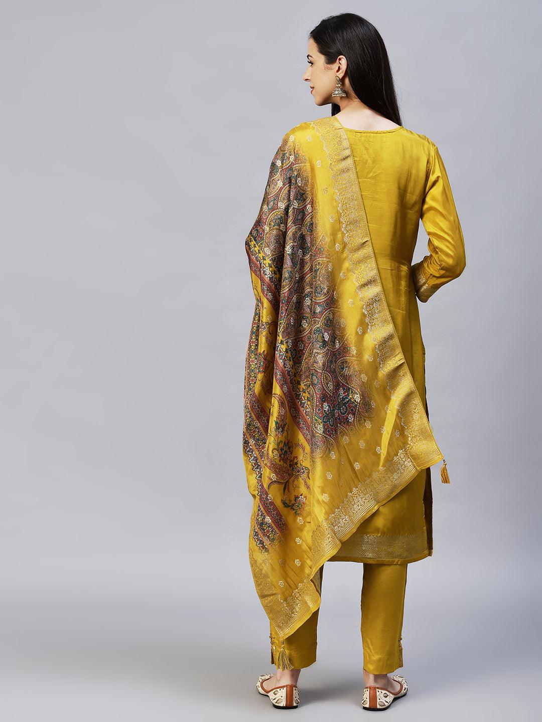 Ethnic Woven & Embroidered Straight Kurta with Pants & Dupatta - Mustard - Indiakreations