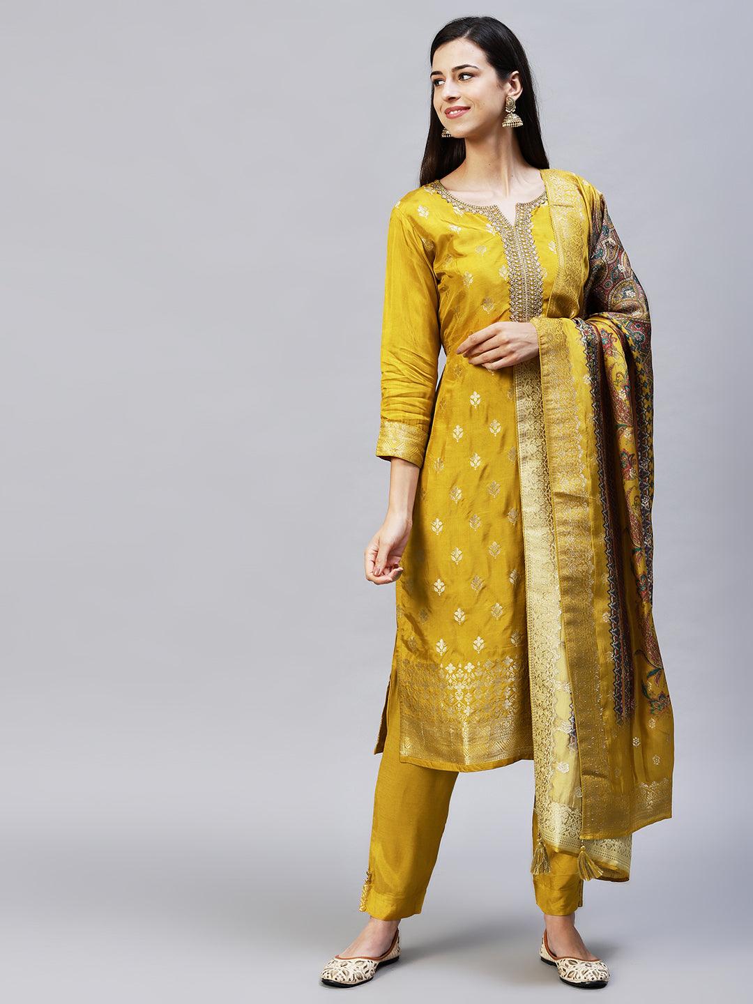 Ethnic Woven & Embroidered Straight Kurta with Pants & Dupatta - Mustard - Indiakreations