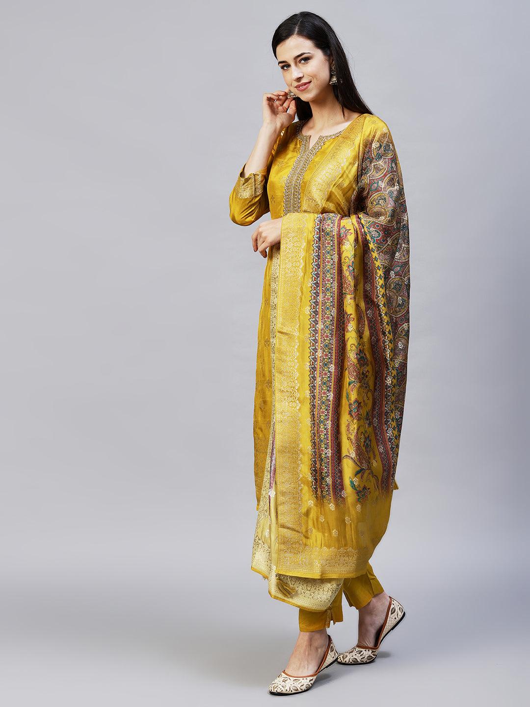 Ethnic Woven & Embroidered Straight Kurta with Pants & Dupatta - Mustard - Indiakreations