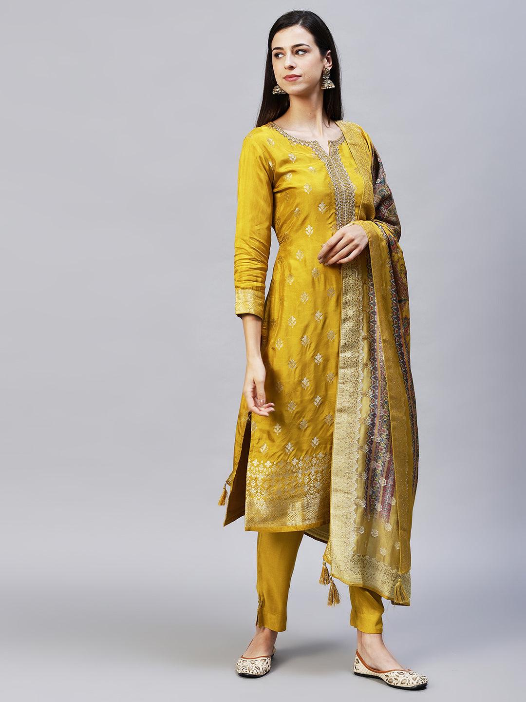 Ethnic Woven & Embroidered Straight Kurta with Pants & Dupatta - Mustard - Indiakreations