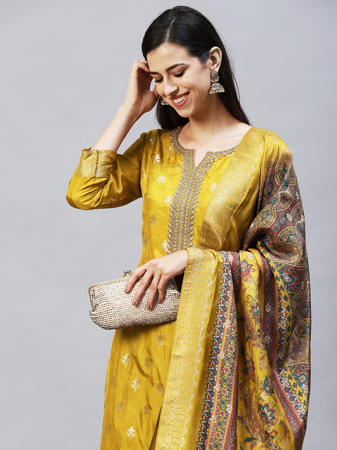 Ethnic Woven & Embroidered Straight Kurta with Pants & Dupatta - Mustard - Indiakreations