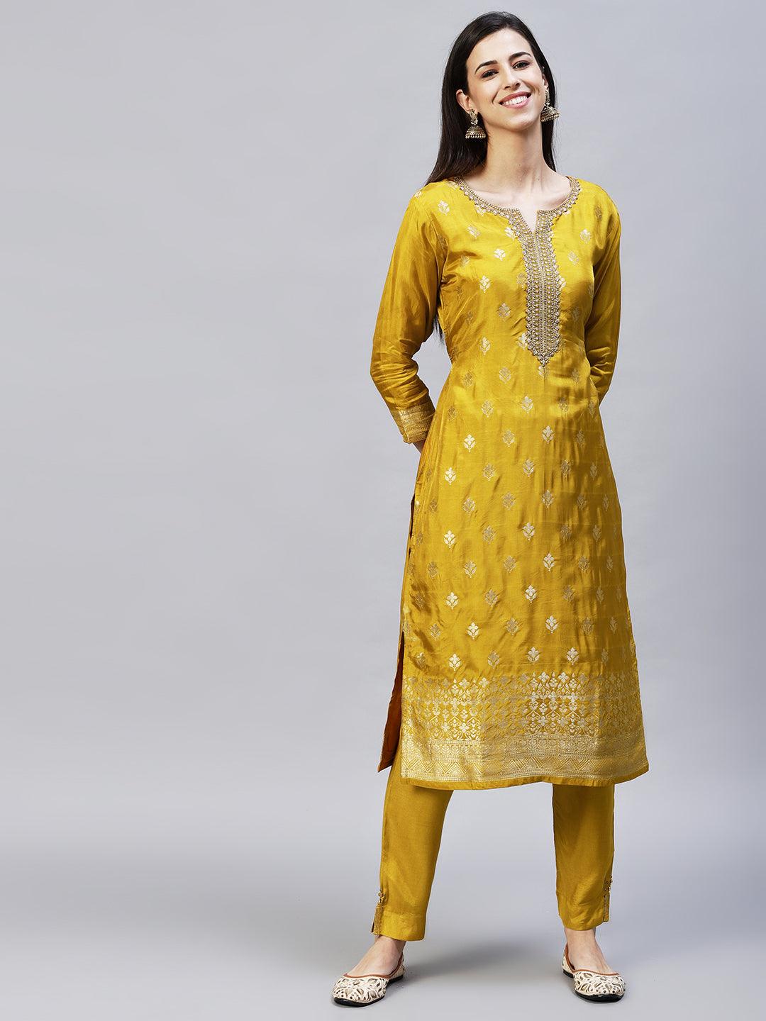 Ethnic Woven & Embroidered Straight Kurta with Pants & Dupatta - Mustard - Indiakreations