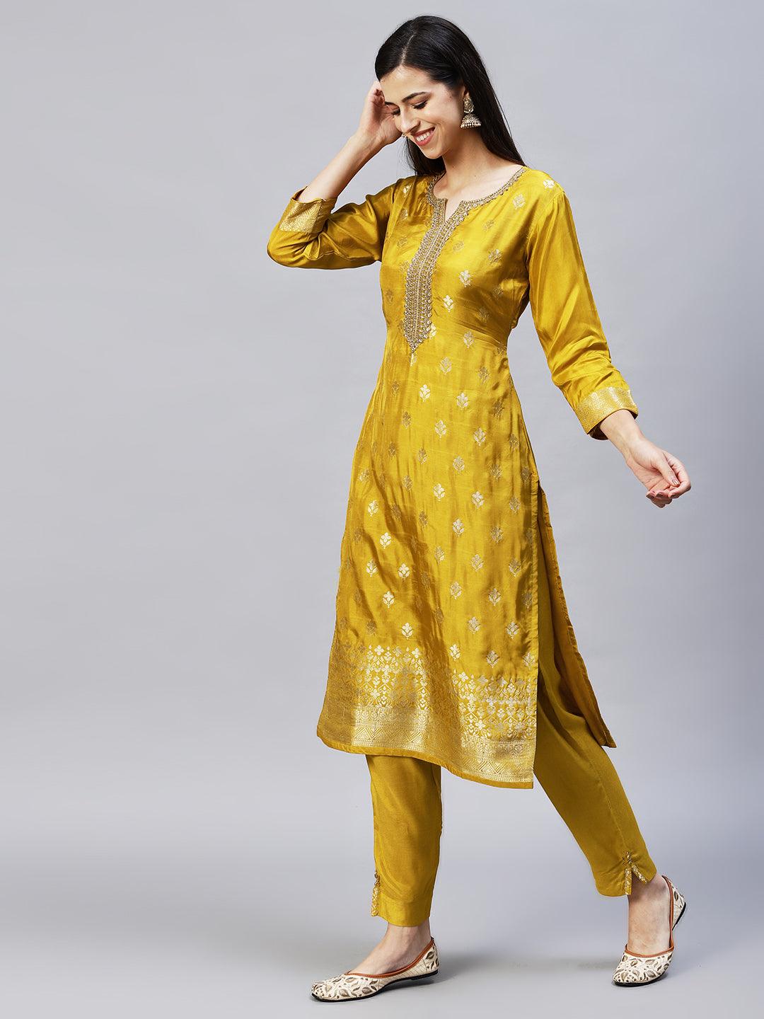 Ethnic Woven & Embroidered Straight Kurta with Pants & Dupatta - Mustard - Indiakreations