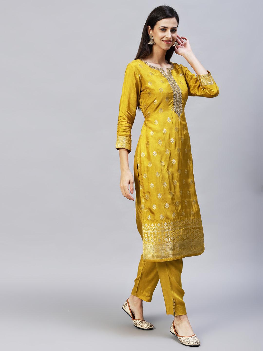 Ethnic Woven & Embroidered Straight Kurta with Pants & Dupatta - Mustard - Indiakreations